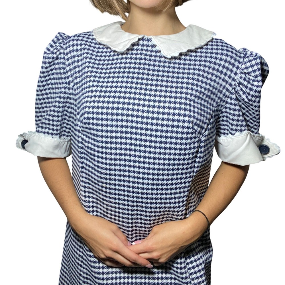 Handmade Vintage Navy White Houndstooth Scalloped Collar Dress Kitschy Mod - M/L - Picture 2 of 12
